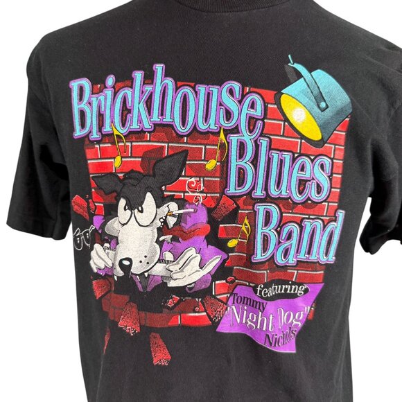 Vintage 90s Brickhouse Blues Band Black Graphic T-Shirt M Fruit Of The Loom - Picture 2 of 7